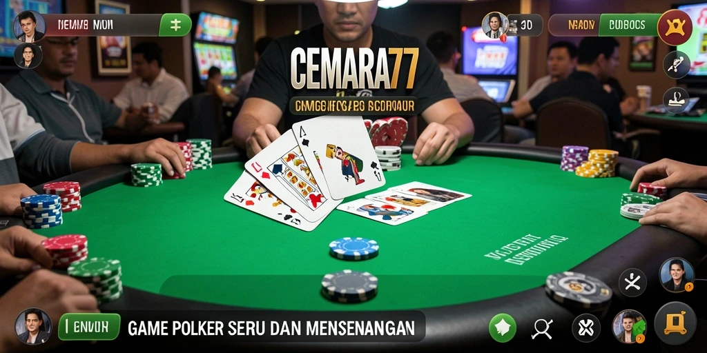 Menampilkan gameplay seru CEMARA77 dengan pemain Poker yang berinteraksi.