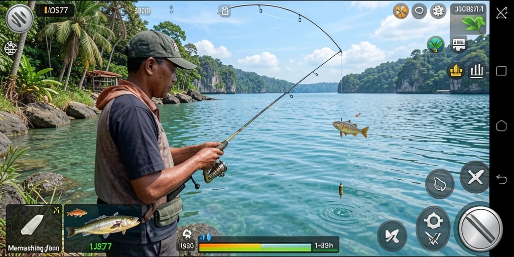 Tampilan gameplay JOS77 yang menarik dengan aktivitas memancing.