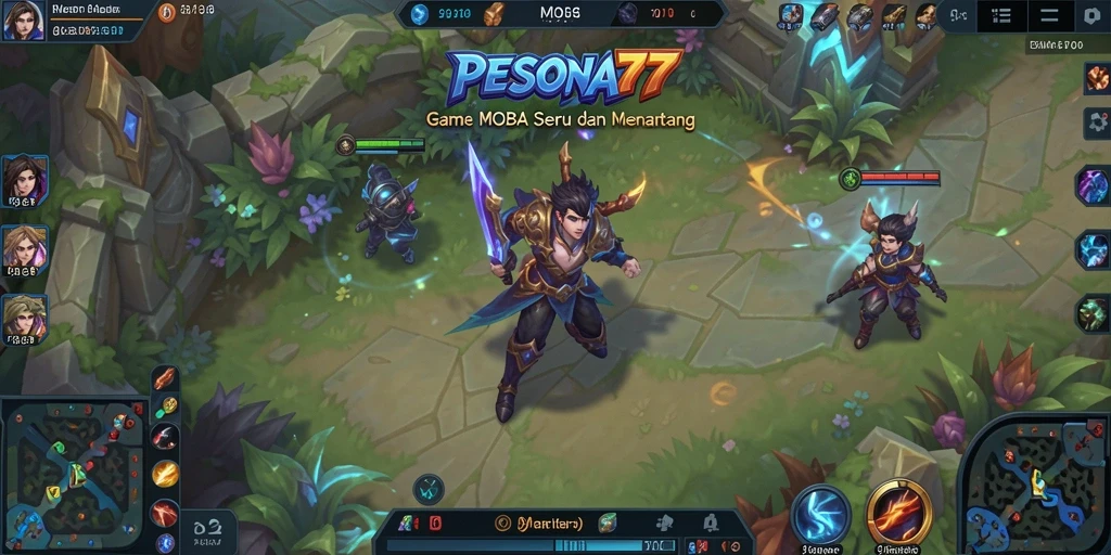 Screenshot gameplay PESONA77 menunjukkan aksi seru dalam pertarungan tim MOBA.