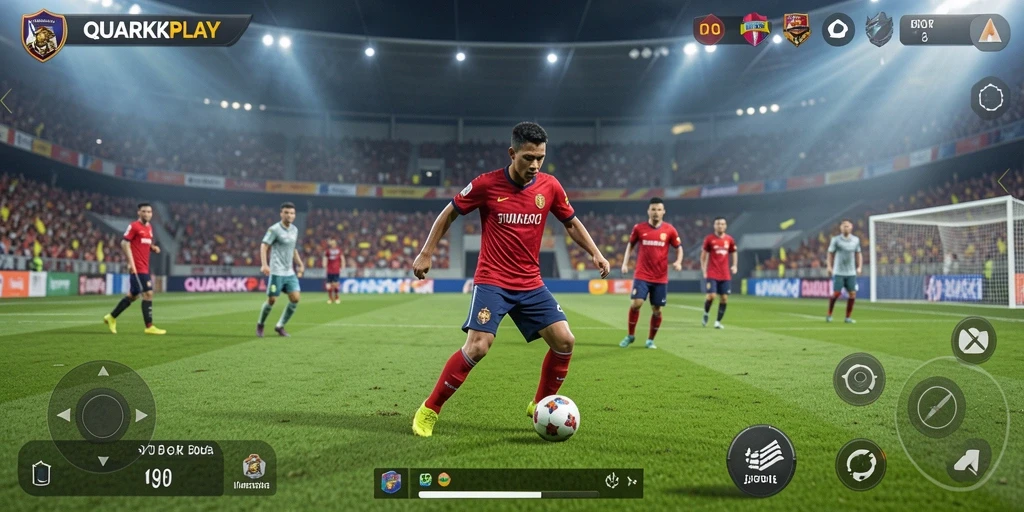 Tangkapan layar gameplay QUARKPLAY yang menampilkan aksi sepak bola yang mendebarkan.