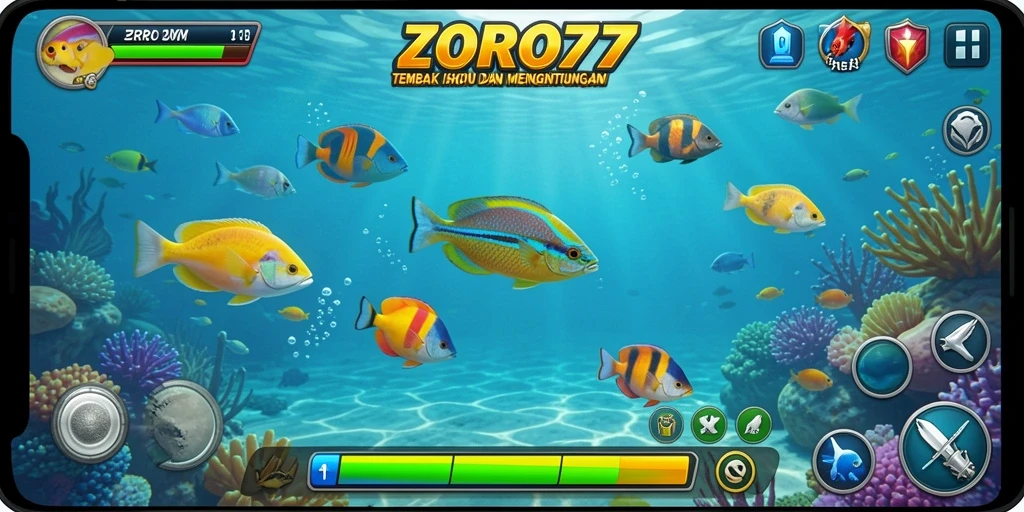Tangkapan layar gameplay ZORO77 menampilkan suasana memancing yang mendebarkan.